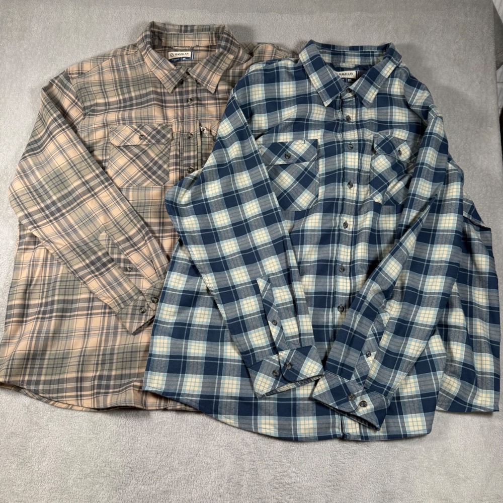 Magellan Outdoors Pecos Ridge Shirt Mens 3XL Tan Blue Plaid Flannel Lot of 2
